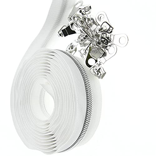 #5 Nylonspulen Reißverschlüsse 9m Endlos Reißverschluss Meterware Weiße Klebeband Silberne Zähne mit 25 PCS Reißverschluss Sliders für Nähen YIGUANXIN