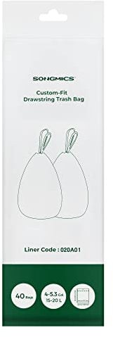 SONGMICS Heavy-Duty Bin Bags, Drawstring Rubbish Bags for 4-5.3 Gallon (15-20L) Kitchen Bins, Pre-Separated, Liner Code 020A01, 1 Roll, 40 Pieces, White KRB020A01