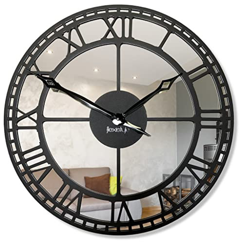 FLEXISTYLE Große Metallwanduhr Spiegel ohne tickgeräusche Vintage Retro 50cm Durchmesser ohne Ticken
