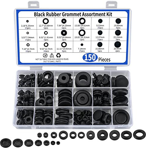 Titolo del prodotto: Kit assortito di passacavi in gomma, 150 pezzi, tappi di gomma, guarnizioni per conduttori elettrici, per cavi, spine, fili - 18 dimensioni, nero