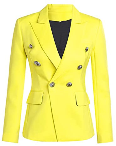 Chaqueta de doble fila con hebilla de metal para mujer, color amarillo limón, estilo callejero, amarillo, 36