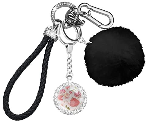 WOSHJIUK Keychains Set for Women Fluffy Plush Ball Key Chain,pink rose teapot flower,Key Ring Purse Handbags Decoration