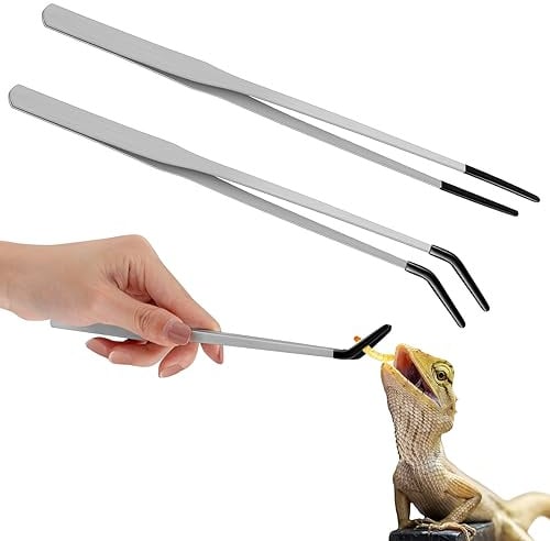 Lasnten 2 Pcs Extra Long Stainless Steel Reptile Feeding Tongs with Rubber Tip 10 Inch, 10.5 Inch Bearded Dragon Aquarium Straight and Curved Long Tweezer Terrarium Feeder Tool for Tank(Silver)
