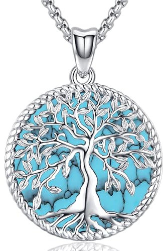 Collier Arbre de Vie en Argent 925 Pendentif Turquoise Arbre de Vie Familial Bijoux pour Femme Fille (Arbre de Vie-A4)