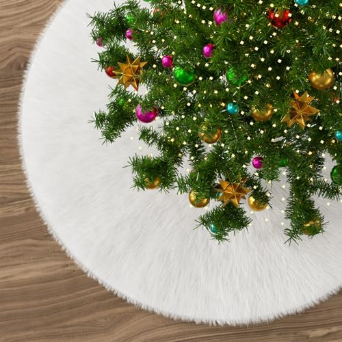 Gonne per albero di Natale, in finta pelliccia, grande, 90 cm, bianco, base rotonda, decorazione natalizia per albero di Natale, decorazione per la casa