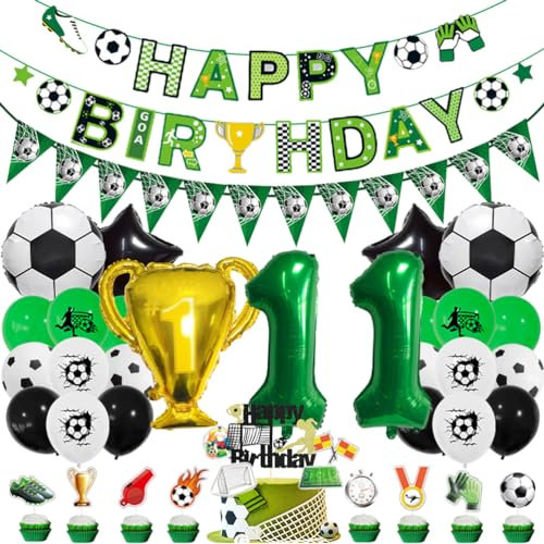 MiaLover 11 Jahr Geburtstag Dekoration Set Fussball Luftballon Latexballon Happy Birthday Banner Trophäe Folienballon Tortendekoration für 11.Geburtstag Fußball Themen Party Deko