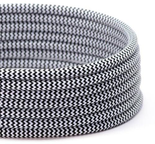 TheCable.Store 3 Core Round Black & White - Zig Zag Flex Cable 0.75mm Vintage Fabric Braided (3 Metres)