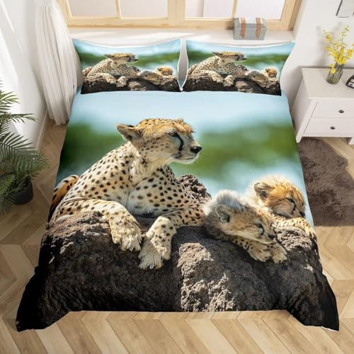 Pechiwuo Bettwäsche 135x200 Gepard Bettwäsche-Set Winter Weiche GebüRstet Mikrofaser Bettzeug Set 3D Gepard Kinderbettbezug 135x200 cm + 2 Kissenbezug 80x80 cm,C377
