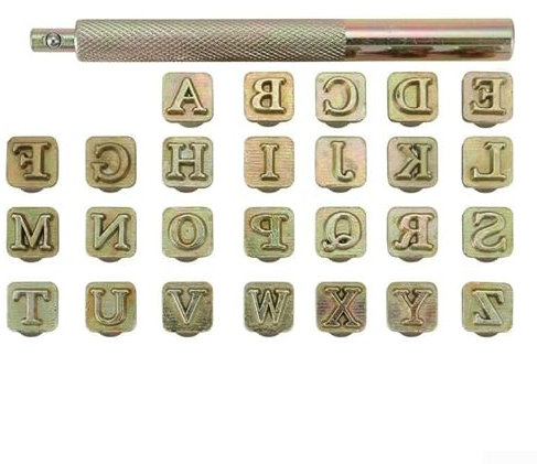 Juego de 26 piezas de letras de cuero de 9 mm y 1 pieza de asas de estampación, kit de grabado en relieve de cuero, herramienta de perforación para tallado de alfabeto de cuero, herramienta de