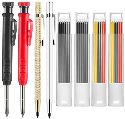 Zimmermannsbleistifte 2 Stück Tieflochmarker Bleistift mit Eingebauter Spitzer, Tischler Bleistift Set mit 2 Hartmetall Anreißwerkzeug und 26 Bleistiftsminen, Baustellen Bleistift für Holzbearbeitung