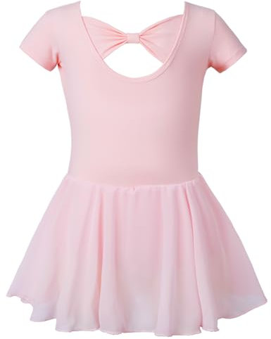 Invalidism Pink Girls Ballet Dress Short Sleeve Ballet Outfit Gymnastics Ballet Dance Leotard With Bow Cotton For Girls 3-10 Years(105CM)