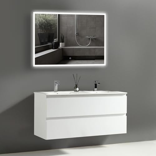 Alpenberger Waschtisch mit Unterschrank 120 cm Breit | Doppelwaschbecken | Waschbeckenunterschrank mit Waschbecken | Badezimmer Spiegel mit Led (Vivento 120 Weiß)