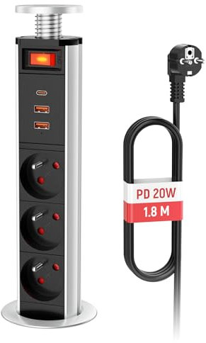 Prise Encastrable Plan de Travail avec Interrupteur, Multiprise Encastrable Bloc Prise Escamotable 3 Prises Française avec USB C PD20W, Bloc Prise Encastrable Plan de Travail Cuisine 16A, Câble 1,8m