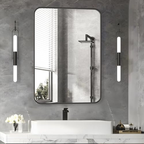 CASSILANDO Wandspiegel, Badezimmerspiegel, 50 x 71 cm, schwarzer rechteckiger Spiegel mit Rahmen aus Aluminiumlegierung, abgerundete Ecken, Hängespiegel, Dekoration für Eingangsbereich,