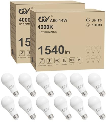 GY Bombilla E27 LED Blanco Neutro 14W 4000K 1540 Lumen, A60 de Bajo Consumo, Sustituye a las Halógenas de 100W, No Regulable 12 Unidad