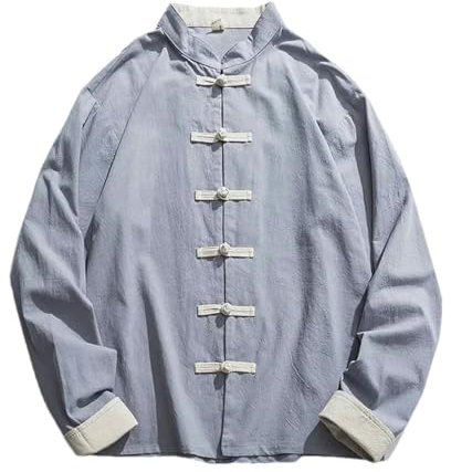 BoShiNuo Kimono Veste Homme Traditionnel Chinois Vêtements Lin Hanfu Haut Manches Longues Tang Costume Kung Fu Chemise Cardigan Manteau, bleu, XL