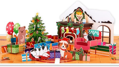 GREETING ART Pop Up Weihnachtskarte, Tierhaus Design, 3D Urlaub Überraschung mit Umschlag, für Freunde und Familie