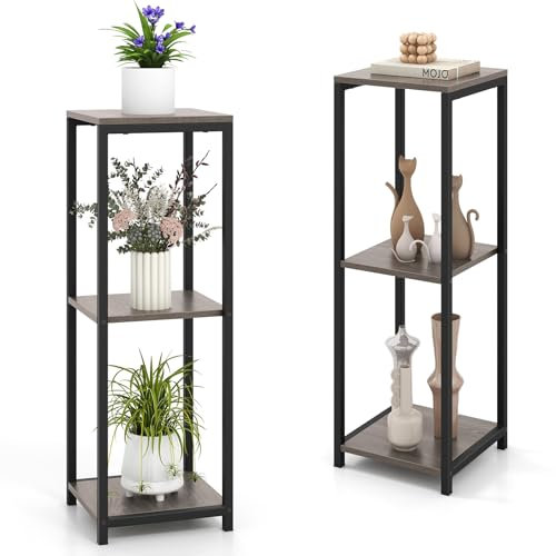 COSTWAY Lot de 2 Supports de Plantes Métallique à 3 Niveaux, Porte-Plantes d'Angle avec Dispositifs Anti-basculement, Organisateur de Pots de Fleurs Carré pour Balcon Salon Bureau, Gris + Noir
