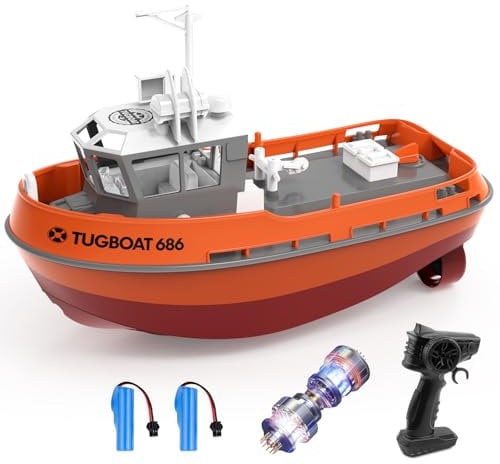 tech rc 1:72 Ferngesteuretes Boot mit 2 Akku(3.7V 600mAh), 2.4Ghz Rc Boot 10km/h 40Mins Laufzeit, Tugboat mit dekorativen Teilen für Kinder für Schwimmbäder und Seen (Orange)