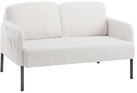 Mondeer 2 Siter Sofa, Kleine Couch mit Seitentasche und Gepolsterter Metallfüßen Gemütlicher Kunstlammfell Stoff Moderne, für Wohnzimmer Schlafzimmer, 122 x 76 x 75 cm, Weiß