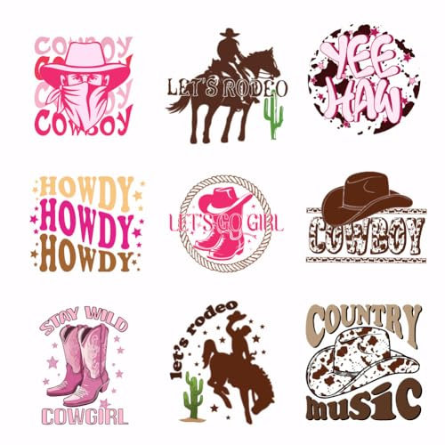 SUPERDANT 9pcs Western Cowboy Iron On Transfer Paper Cowgirl Heat Transfer Stickers Howdy Iron-on Decals DTF Transfers Ready to Pressfor for Clothing T-Shirt Jeans Backpacks DIY Applique