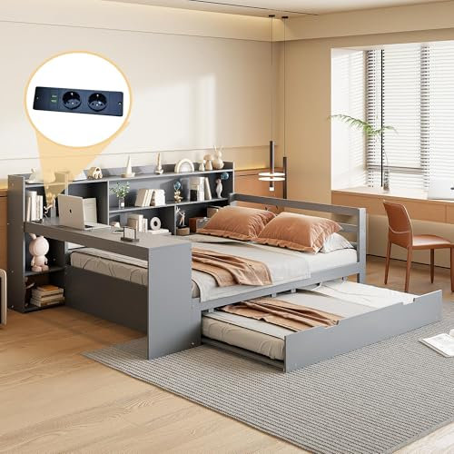 okwish Kinderbett 140x200 cm, Jugendbett mit Schreibtisch Stauraum Regal, Funktionsbett mit Steckdose USB Ladefunktion, Bettgestell mit Bett ausziehbar Lattenrost, Kiefernholz, Grau ohne Matratze
