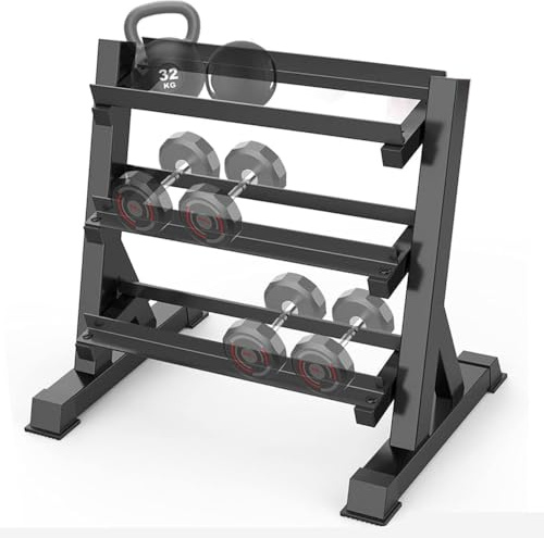 FFitness Rastrelliera per Manubri 3 Livelli Supporto Porta Pesi Bilanciere Kettlebell Rack Carico Max 500 Kg Espositore in Acciaio Multifunzione