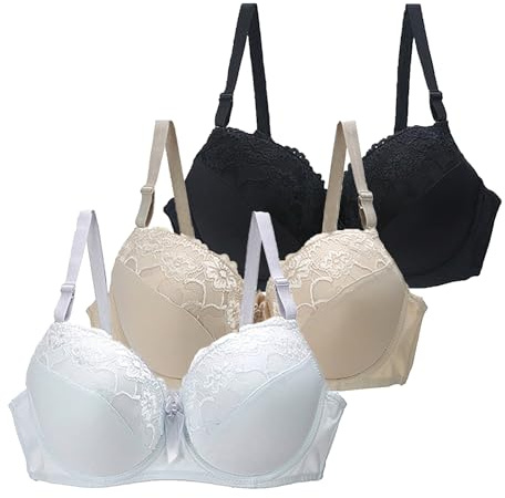 CSWH 3er Pack BHS Damen mit Bügel Push Up Sexy Spitzen-BH Frauen Starker Halt Große Brüste Klassische BH Set Bequemer Unterwäsche Bra mit verstellbarem für Alltag