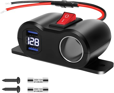 SUPRBIRD 12V 36W QC3.0 USB Anschlüsse 120W Zigarettenanzünder Steckdose mit LED-Voltmeter, Schaltern und Sicherung für 12V-24V Auto, LKW, Wohnmobil, Boot – Schnellladebuchse, KFZ Adapter