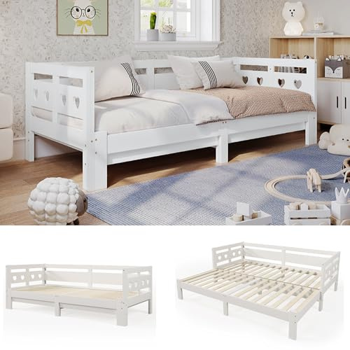 Anwick Sofabett Ausziehbar 90-190 cm, Massivholz Kiefer mit Herzform Design, Tagesbett mit 2 Schlafplätzen, Inklusive Rollrost, Ohne Matratze (Weiß, 90cm*190cm)