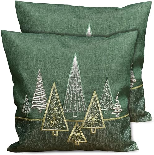 matches21 HOME & HOBBY Kissenbezug 40x40 cm Weihnachten dunkelgrün mit Tannenbaum - 2er Set Kissenhüllen als Weihnachtsdeko