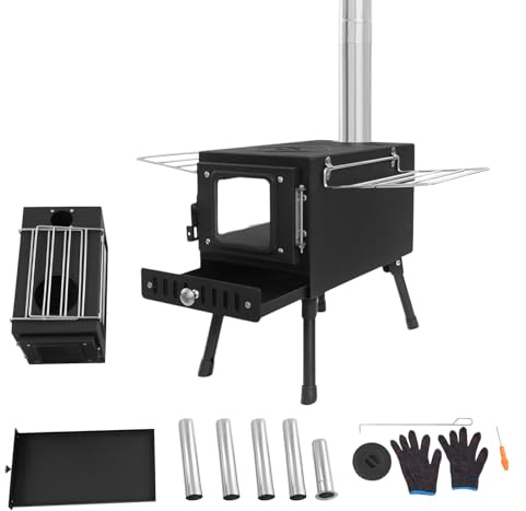 LENJKYYO Klappbarer Camping Holzofen, Zeltofen Outdoor mit Schornstein, Tragbarer Zeltofen & Outdoor Küchenofen aus Edelstahl, 36-56cm Höhenverstellung Heizofen(35-40 kg Tragkraft)