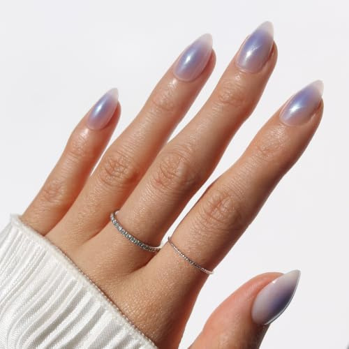 Glamnetic Press On Nails - Short Almond, Glazed Fake Nails 30 Pc Full Kit | Airbrushed blue aura press on nails. Designer luxury glue-on set in 15 sizes. chip-resistant, up to 2 weeks wear