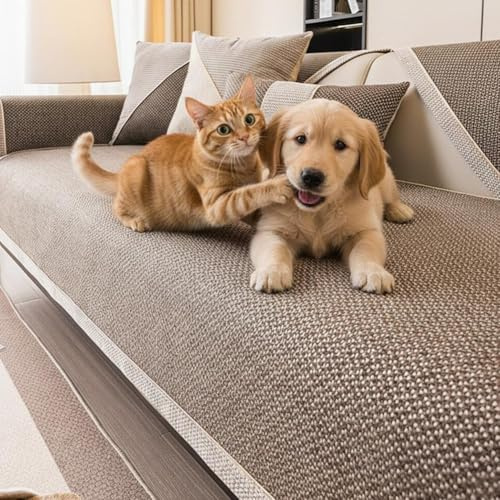 Generisch Baumwolle Leinen Sofa Überzug Sofabezug: Weiche rutschfest Sofaschoner Sofa Cover 1/2/3/4 Sitzer Couch Überzug Sofaüberwürfe für U Form L Form Sektionssofa (Braun 2, 90x210cm)
