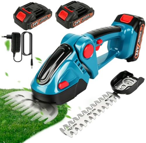 Taille-Haie sans Fil 2-en-1 24V 2 Batteries 2000 mAh 20000 TR/Min, Bleu | Inclut chargeur et 2 lames, taille arbustes et coupe-bordures, idéal pour jardin et pelouse, appareil portable et maniable
