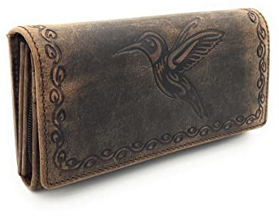 Jockey Club große echt Leder Damen Geldbörse lang mit RFID NFC Schutz Kolibri naturbelassenes Büffelleder mit Smartphonefach Vintage braun