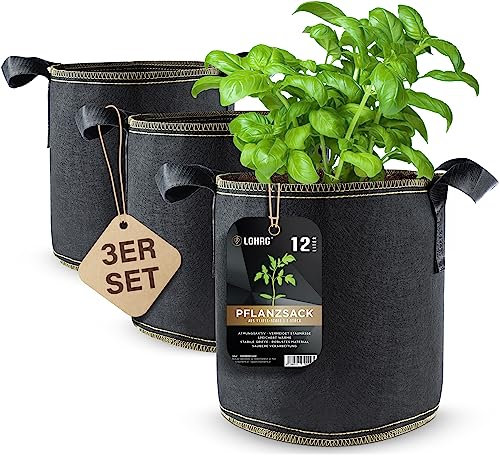 DIYer lohag® Premium Vliesstoff-Pflanzsack - 12 Liter, 3er Pack | Für Kräuter, Blumen, Gemüse & Zimmerpflanzen | Robuste, Wiederverwendbare Pflanzbeutel - Die Gesunde Alternative zum Blumentopf