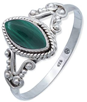 mantraroma Damen Ring 925 Silber Malachit Edelstein grün ausgefallen verspielt