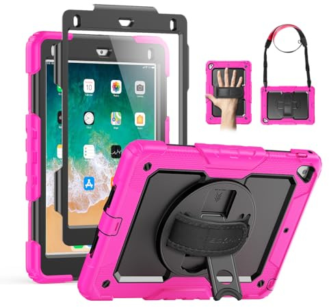 SEYMAC Coque pour iPad 9.7 2018,Pro 9.7/Air 2, iPad 5e/6ème génération Coque Robuste avec Support Rotatif à 360 ° et dragonne de Main Bandoulière réglable (Rose/Noir)
