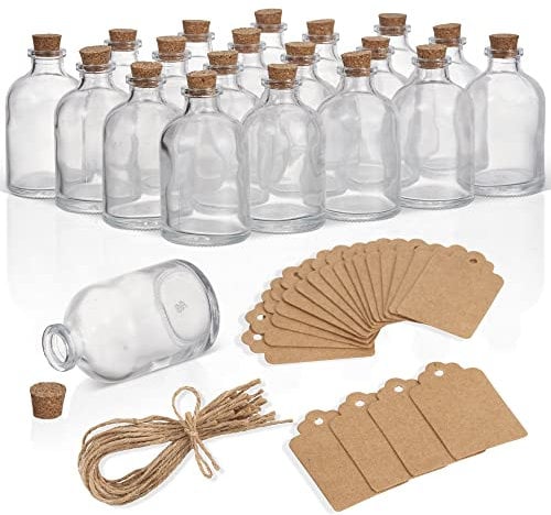 THE TWIDDLERS 20 Mini Glasflaschen mit Korken & Etiketten, 50ml - Basteln, DIY, Gewürze, Gastgeschenke, Deko, Hochzeiten