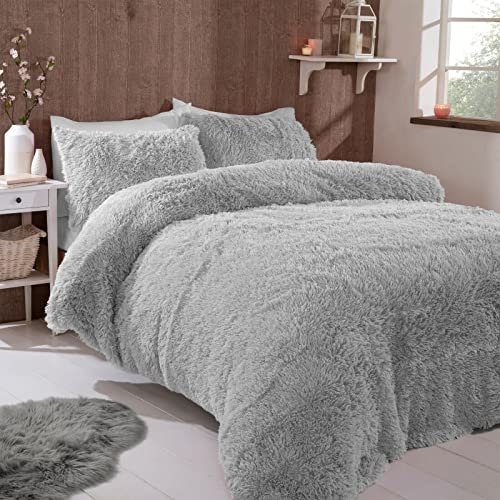 FAUX FUR SHAGGY Long Pile Face, Soft Touch Plush Fleece Reverse, Duvet Cover Set with Pillow Case Thermal Fluffy Winter Warm Cozy Cuddly Bedding Bed Set (Silver, King)