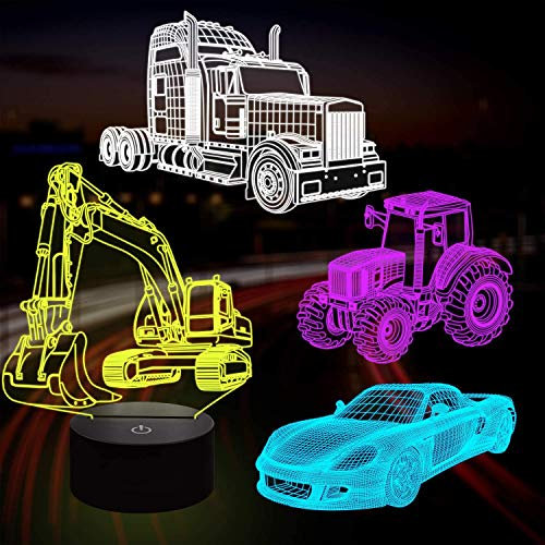 CooPark 3D Night Light for Kids, Remote Control 16 Color Changing LED Projector with Dimmable Function, Multi-Vehicle Theme Bedroom Decor (Excavator/Race Car/Truck), Birthday Gifts for Boys Age 3-12