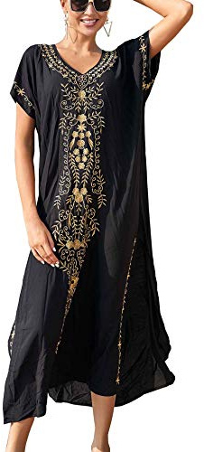 Orshoy Women's Embroidery Short Sleeve Bikini Swimsuit Cover Up Side Split Beach Cover Up Maxi Style Loungewear Maxi Beach Holidays Dress Free Size D-Black Embroidery