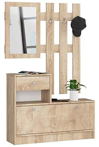 ADGO Holzmöbel Set für Flur 90 x 70/100 x 25 cm Schuhschrank Kleiderbügel Schublade Spiegel Ankleidezimmer 4 Farben (Sonoma Eiche)