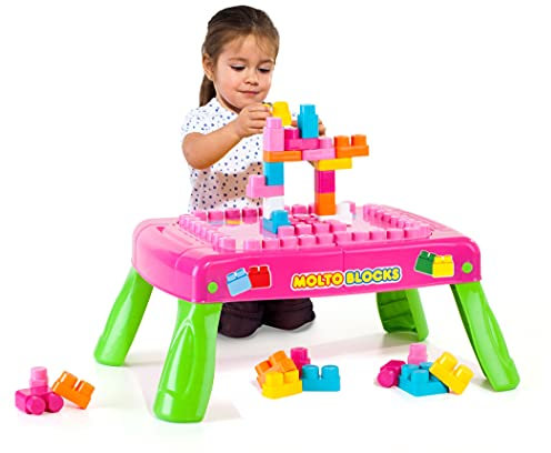 Molto Bausteintisch rosa klappbar – 20 Bausteine inklusive – Kinderspieltisch ab 12 Monaten, Aufbewahrungsfach, kompatibel mit Molto Blocks