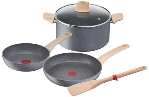 Tefal Lot de 5 pièces, Faitout 24 cm + poêles 20/24 cm + spatule, Induction, Revêtement antiadhésif, Thermo-Signal, Cuisson saine, Fabriqué en France, Natural Force G2669282