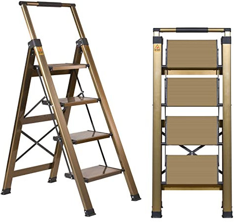 XinSunho 4 Step Ladder, Aluminum 4 Step Stool with Retractable Handrail and Anti-Slip Wide Pedal, Folding Stool Ladders 4 Steps, 330lbs Safety Household Slim Ladder