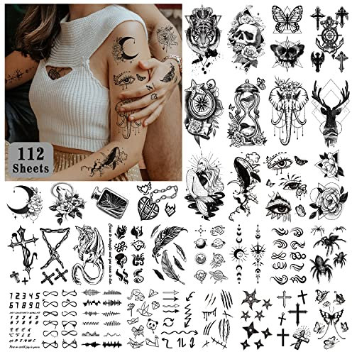 Acevegue 112 Blätter Temporäre Tattoos Set, Klebetattoos Erwachsene Frauen Männer, 3D Realistische Wasserdicht Hals Arm Fake Tattoos zum Aufkleben Auf Die Haut Karneval