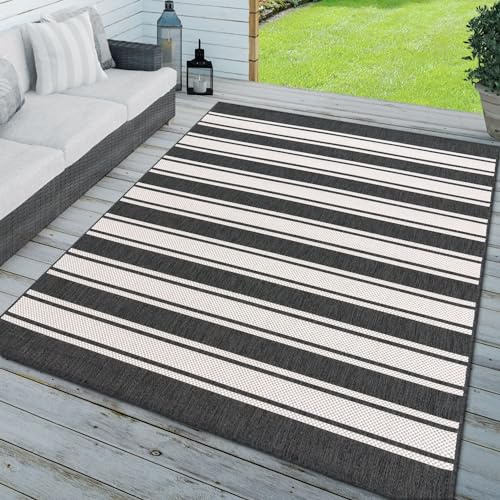 TT Home In-& Outdoorteppich Wetterfest Terrasse Geometrisches Design Gestreiftes Design, Farbe: Weiß Anthrazit, Größe:200x280 cm