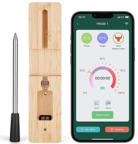 flintronic Bluetooth Termometro da Carne, 50 Metri a Sonda Senza Fili Termometri, Digitale Barbecue Termometro Grigliate BBQ Fumatore Forno Cucina, App Compatibile con iPhone, Android